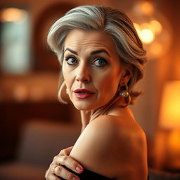 A beautiful 60-year-old woman with a surprised expression, facing the camera