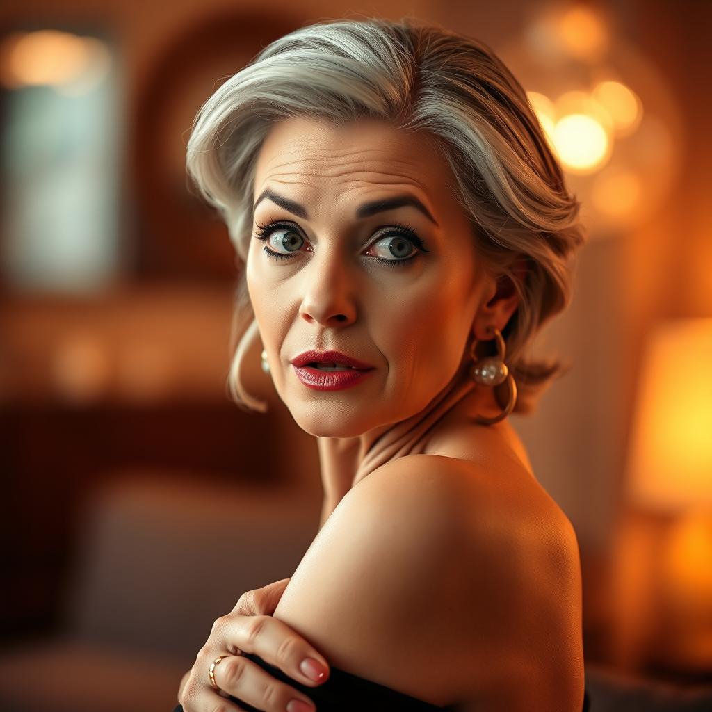 A beautiful 60-year-old woman with a surprised expression, facing the camera