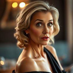 A beautiful 60-year-old woman with a surprised expression, facing the camera