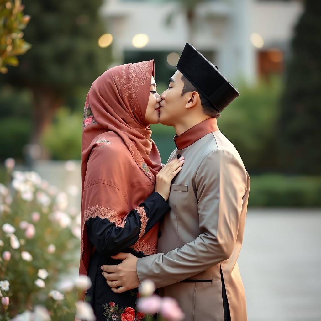 A romantic scene featuring a Muslim Malay couple kissing, both wearing beautiful traditional attire