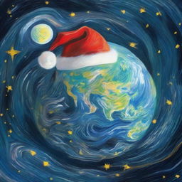 A creative night-time depiction of planet Earth viewed from space, in the distinctive swirling style of Vincent Van Gogh, with the Earth wearing a glowing Santa hat against a backdrop of a celestial starry night.