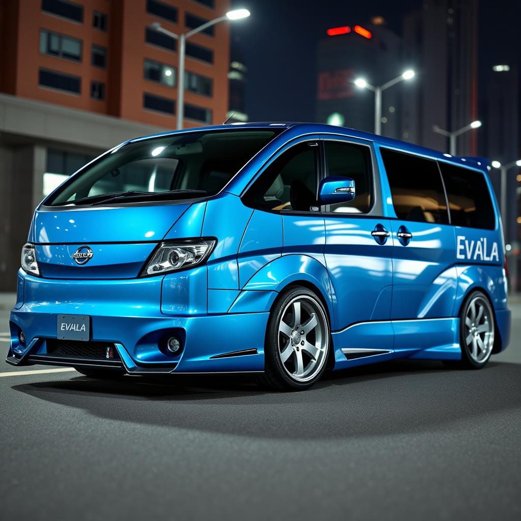 A modified Nissan Evalia van featuring a wide body kit, aggressive stance, and sleek aerodynamic design