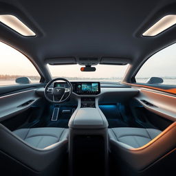 The interior of a futuristic electric vehicle, styled in a minimalist design