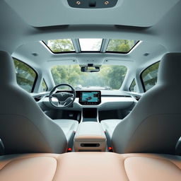 The interior of a futuristic electric vehicle, styled in a minimalist design