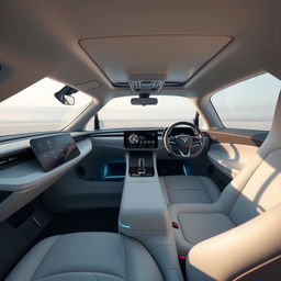 The interior of a futuristic electric vehicle, styled in a minimalist design