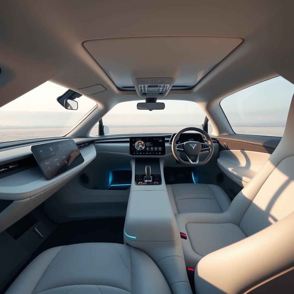 The interior of a futuristic electric vehicle, styled in a minimalist design