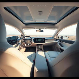 The interior of a futuristic electric vehicle, styled in a minimalist design