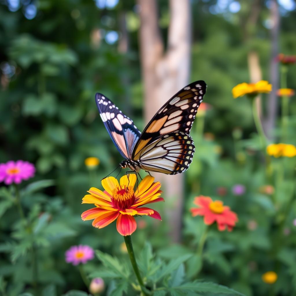 A realistic butterfly perched delicately on a vibrant flower in a lush green natural setting, showcasing its intricate wing patterns and vivid colors