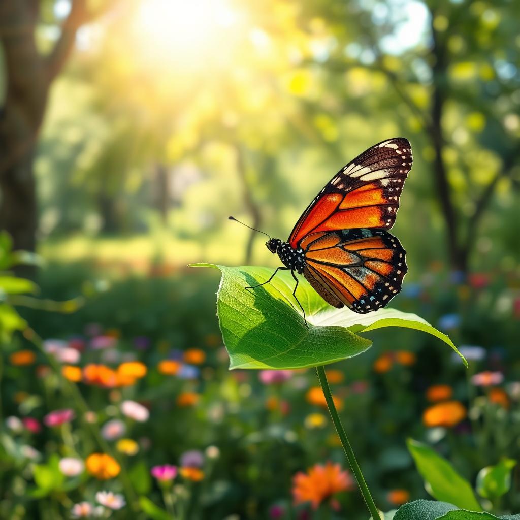 A realistic and beautifully detailed butterfly perched on a vibrant green leaf in a lush natural environment