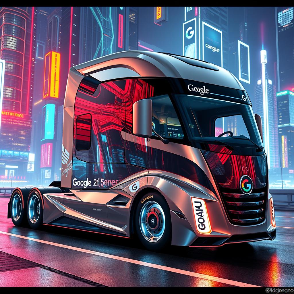 A futuristic semi-truck designed with sleek aerodynamic lines and an innovative, high-tech exterior