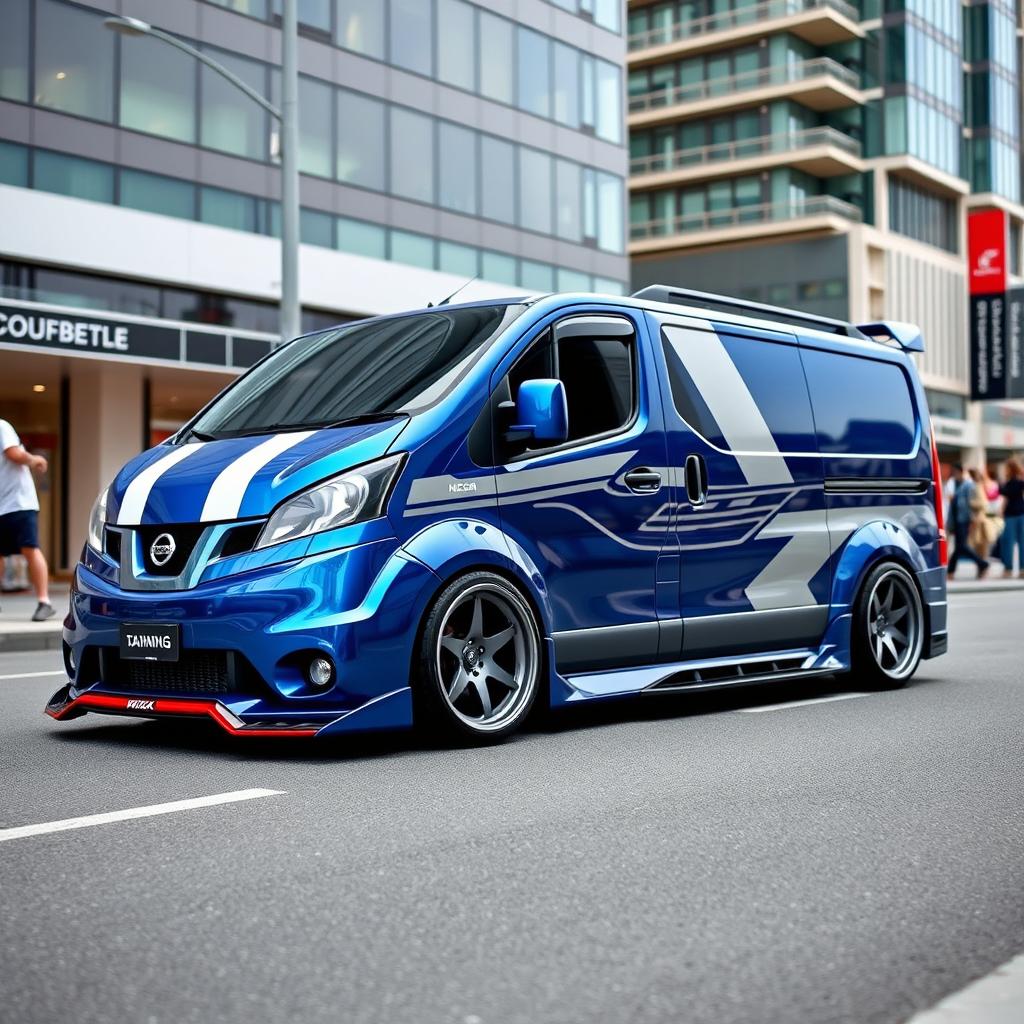 A modified Nissan NV200 van with a dramatic wide body kit, showcasing an aggressive stance