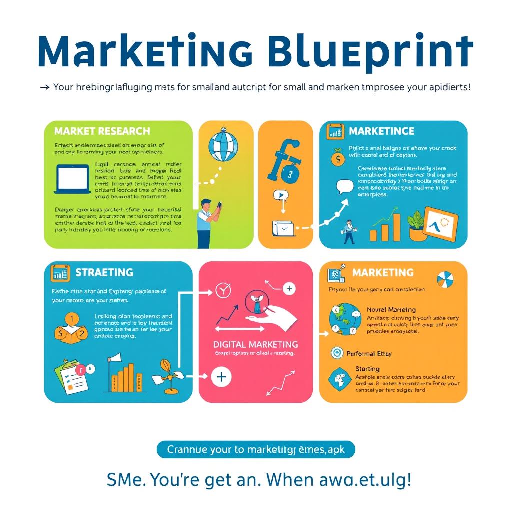 A well-designed marketing blueprint poster for small and medium enterprises (SMEs), featuring vibrant graphics and an organized layout