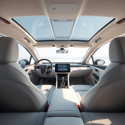 The interior of an electric vehicle branded 'EVOLVE', designed in a minimalist style