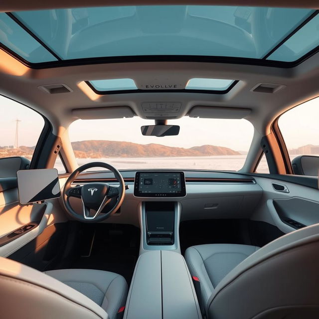 The interior of an electric vehicle branded 'EVOLVE', designed in a minimalist style
