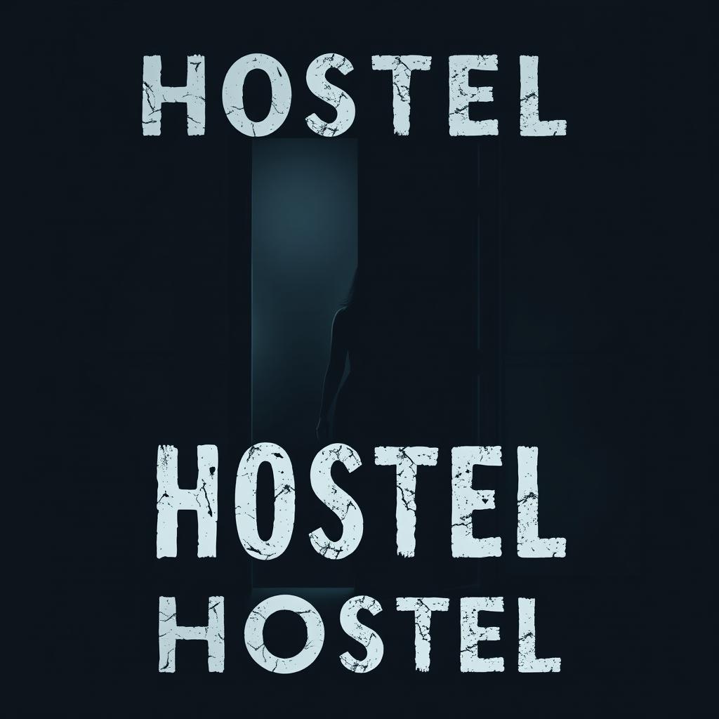A minimalistic horror book cover featuring a woman emerging from a dark door in a hostel