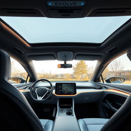 The interior of an electric vehicle branded 'EVOLVE', showcasing a modern and innovative design