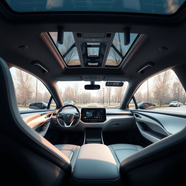 The interior of an electric vehicle branded 'EVOLVE', showcasing a modern and innovative design