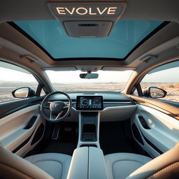 The interior of an electric vehicle branded 'EVOLVE', showcasing a modern and innovative design