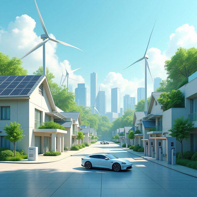Design a futuristic urban environment that integrates renewable energy sources, lithium batteries, and electric vehicles