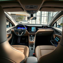 An interior view of an electric vehicle from the brand EVOLVE, showcasing a modern and futuristic design
