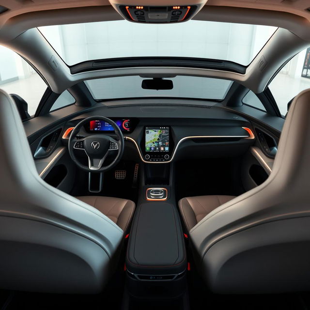 An interior view of an electric vehicle from the brand EVOLVE, showcasing a modern and futuristic design