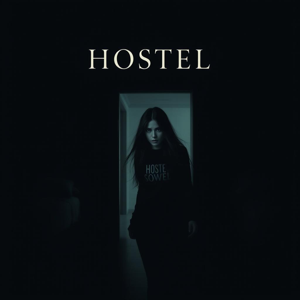 A minimalistic horror book cover depicting a woman emerging from the darkness of a hostel