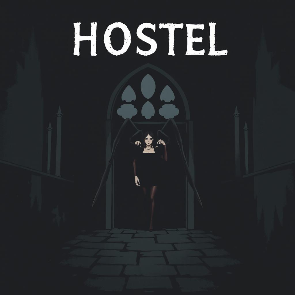 A minimalistic horror book cover featuring a spideresque woman emerging from the shadows of a dark, eerie hostel