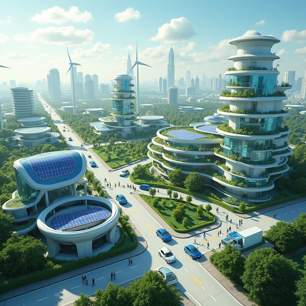 Design a futuristic city that integrates renewable energy elements, lithium-ion technology, and electric vehicles