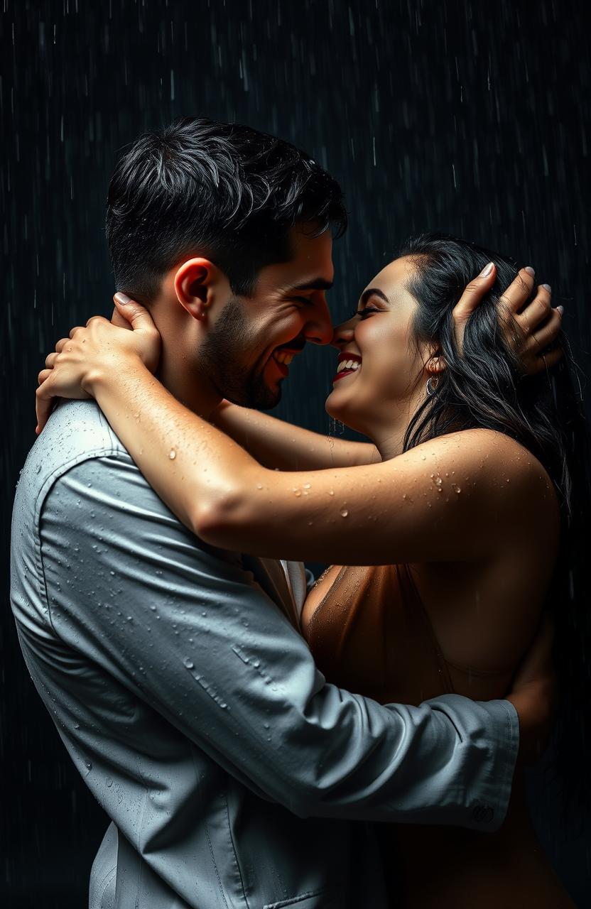 A young Christian couple passionately embracing in the rain, showcasing a deep connection and love