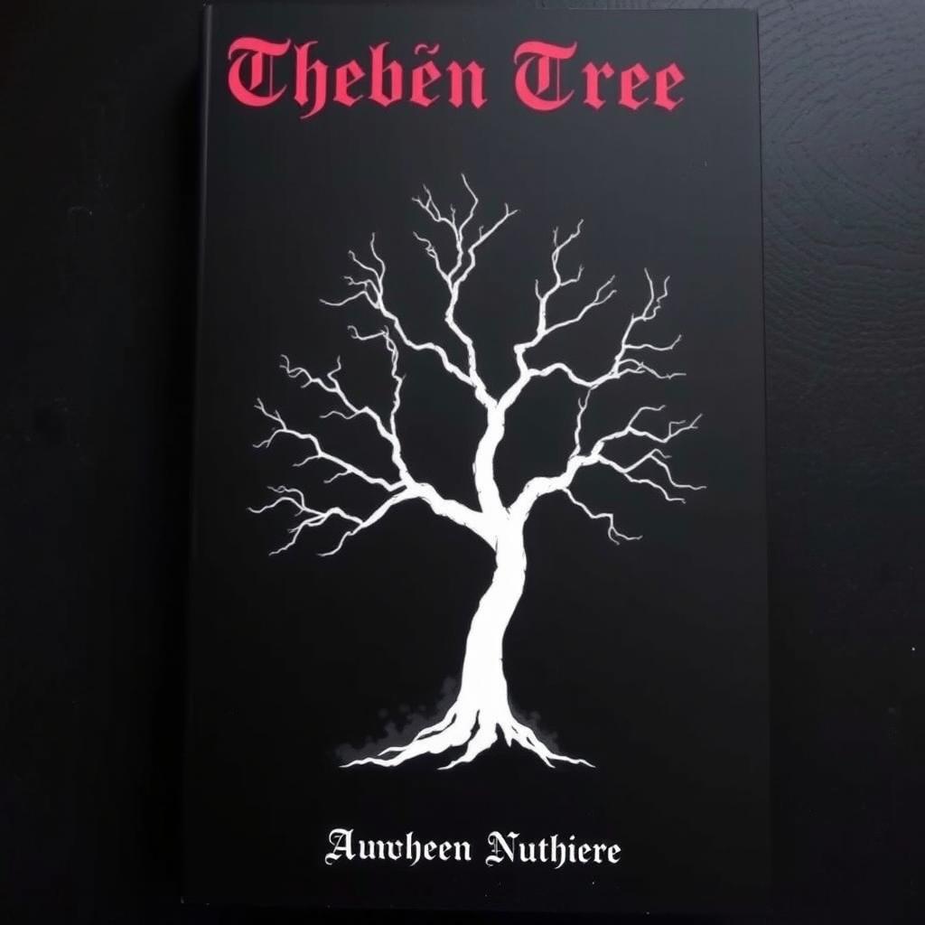 A minimalistic horror book cover featuring a stark black background with a single, large white silhouette of a twisted tree, its branches reaching out like skeletal fingers