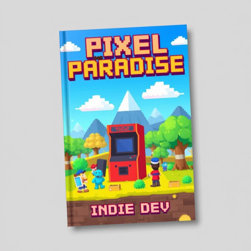 A book cover design for 'Pixel Paradise' by Indie Dev, featuring a vibrant 8-bit art style
