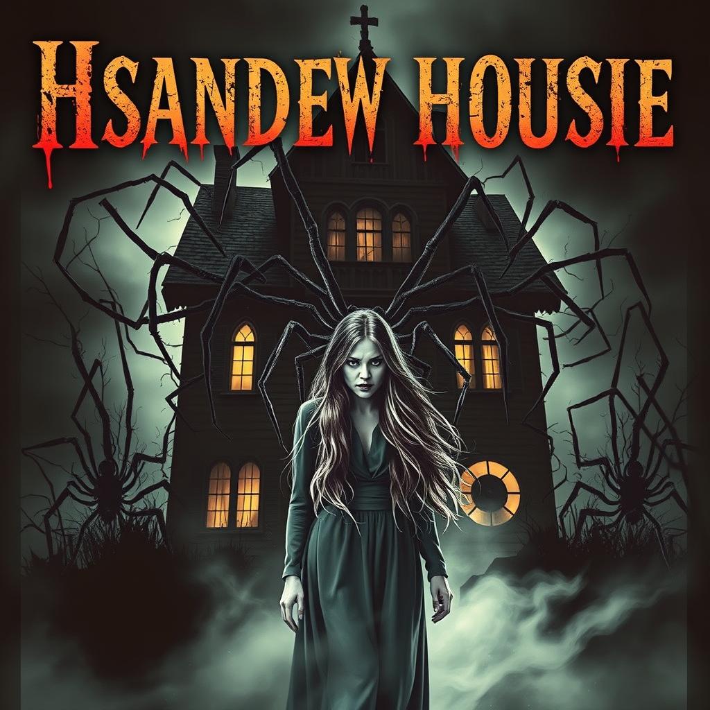 A spine-chilling horror book cover featuring a shadowy haunted house looming ominously in the background, intertwined with large, creepy spiders crawling across the facade