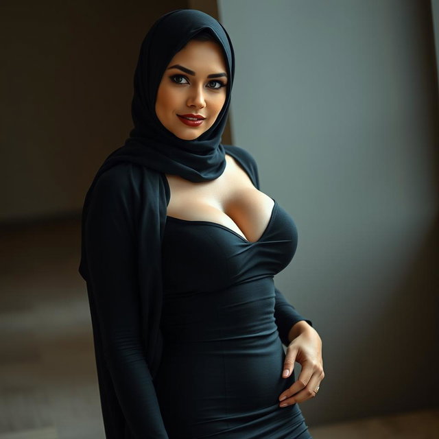 A 40-year-old woman wearing a hijab, with white skin and a busty body, confidently posing in high heels