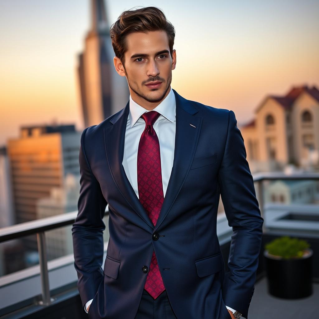 A stylish individual in a sleek, well-fitted suit tailored to perfection, showcasing a sophisticated tie that stands out with its bold pattern and vibrant color