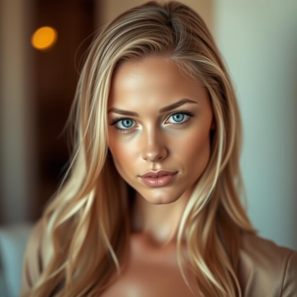 A stunning blonde woman with striking blue eyes, looking directly at the camera with a captivating gaze