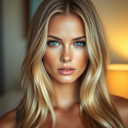 A stunning blonde woman with striking blue eyes, looking directly at the camera with a captivating gaze