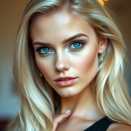A stunning blonde woman with striking blue eyes, looking directly at the camera with a captivating gaze