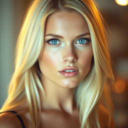 A stunning blonde woman with striking blue eyes, looking directly at the camera with a captivating gaze
