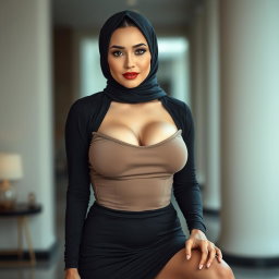 A 40-year-old woman wearing a hijab, with white skin and a curvaceous busty body, elegantly posed in high heels