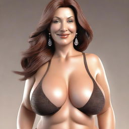 An enticing 3D render of a mature woman, or 'milf', with brown hair, donning a skimpy bikini that highlights her large breasts and ample bum