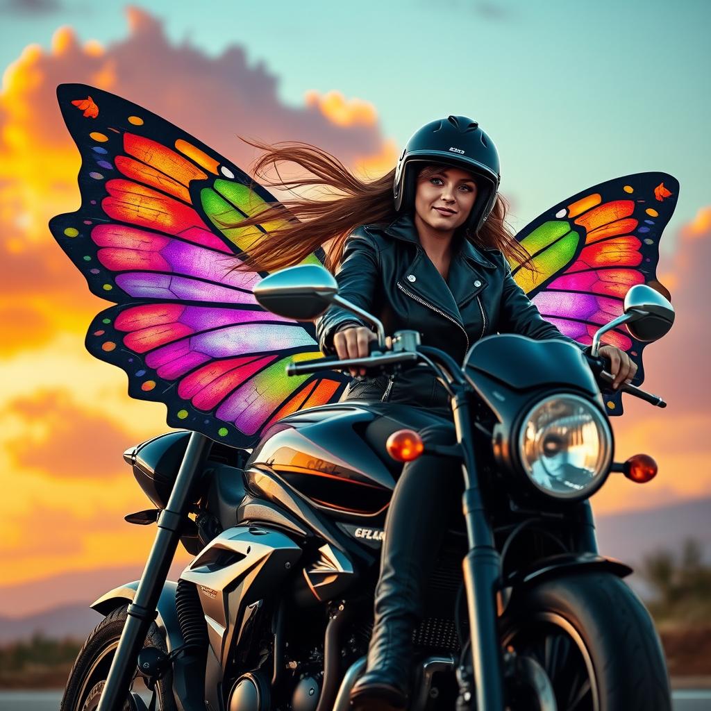 A beautiful young woman riding a sleek motorcycle adorned with large, vibrant wings