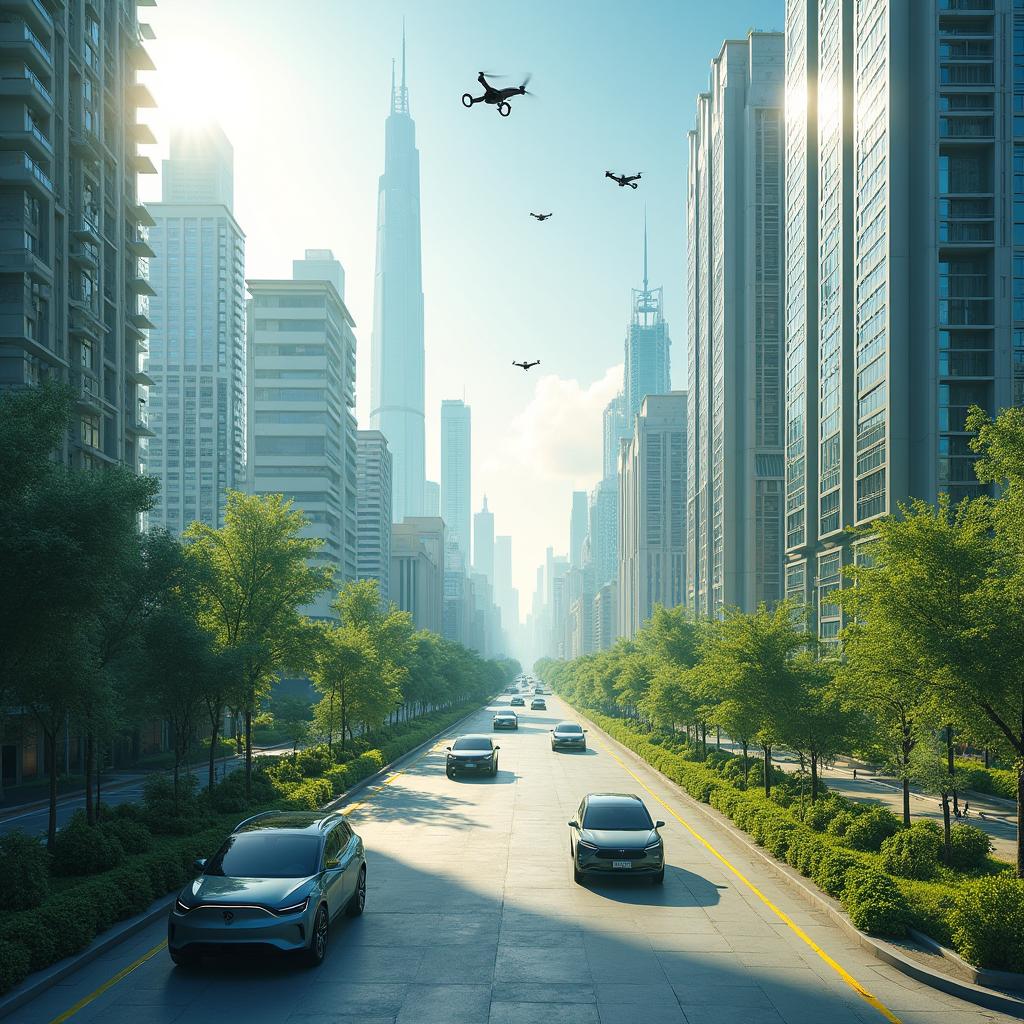 Design a futuristic cityscape that seamlessly integrates renewable energy elements, lithium-ion technologies, and electric vehicles
