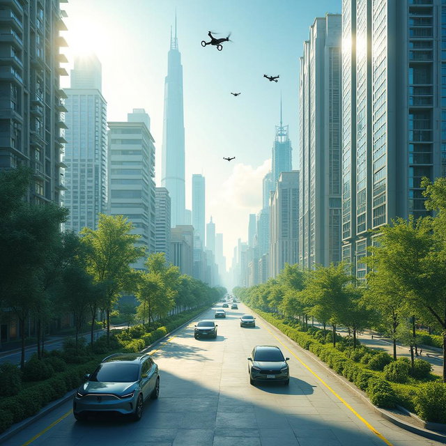 Design a futuristic cityscape that seamlessly integrates renewable energy elements, lithium-ion technologies, and electric vehicles