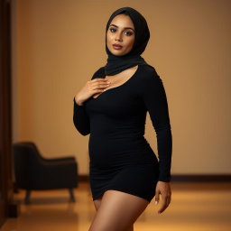 A 40-year-old woman wearing a hijab, with white skin and a voluptuous busty body, striking a pose in high heels
