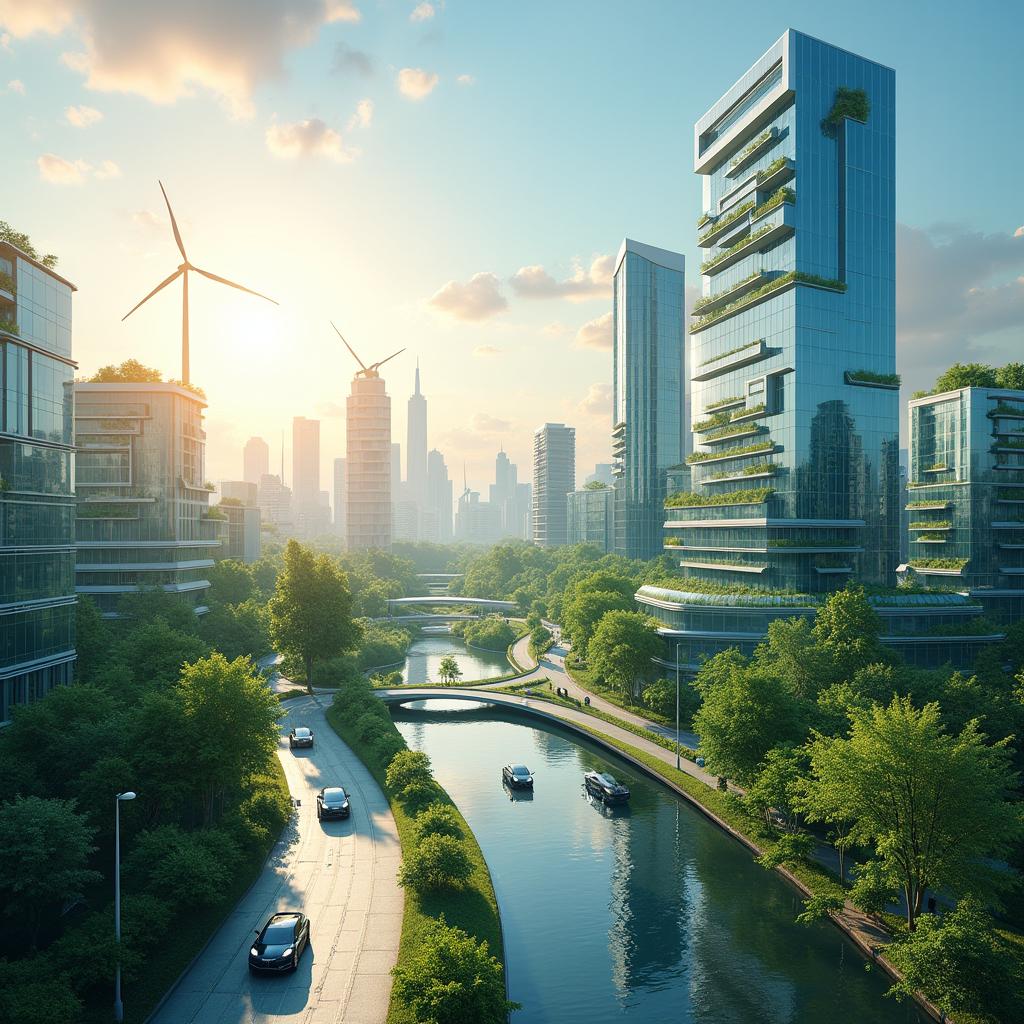 Design a futuristic cityscape that integrates renewable energy, lithium-ion technology, and electric vehicles