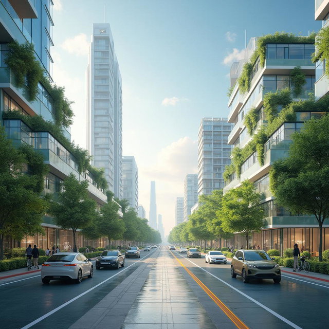 Design a futuristic city that showcases elements of renewable energy, incorporating lithium-ion technology and electric vehicles