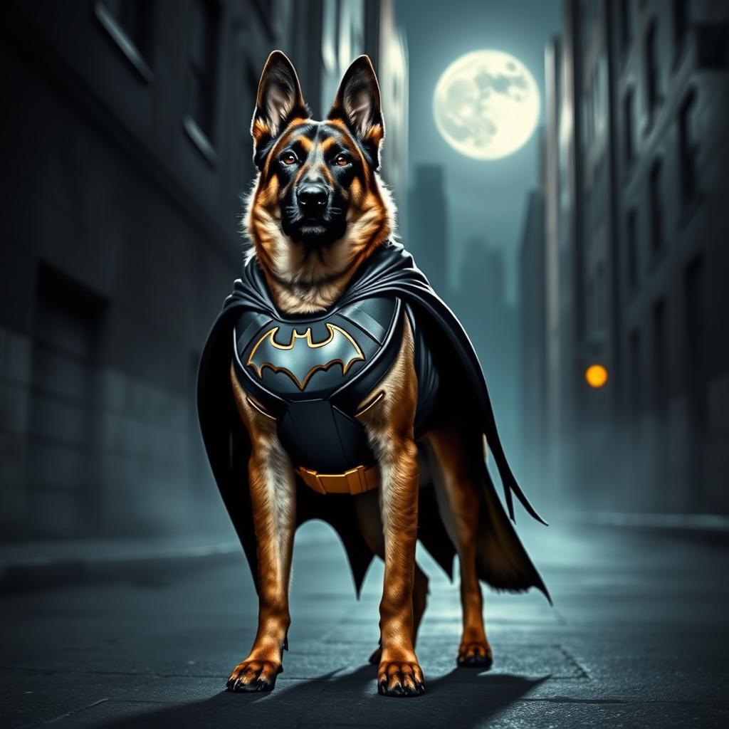A heroic German Shepherd dog dressed in a sleek, form-fitting Batman suit, complete with a cape and the iconic bat symbol on the chest