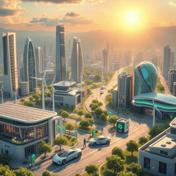 Design a futuristic cityscape that incorporates elements of renewable energy, featuring a variety of lithium-ion battery technologies and electric vehicles
