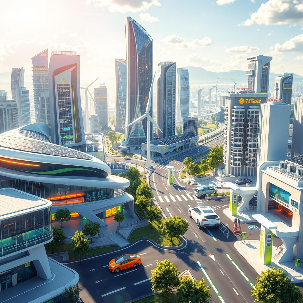 Design a futuristic cityscape that incorporates elements of renewable energy, featuring a variety of lithium-ion battery technologies and electric vehicles
