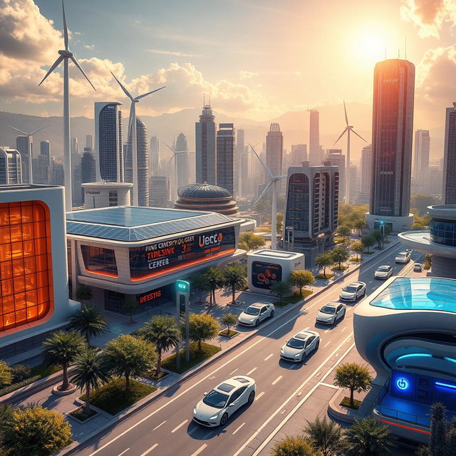 Design a futuristic cityscape that incorporates elements of renewable energy, featuring a variety of lithium-ion battery technologies and electric vehicles